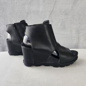 Sorel Sandals Womens Size 10 Black Leather Joanie Ankle Chunky Wedge Lug Sole